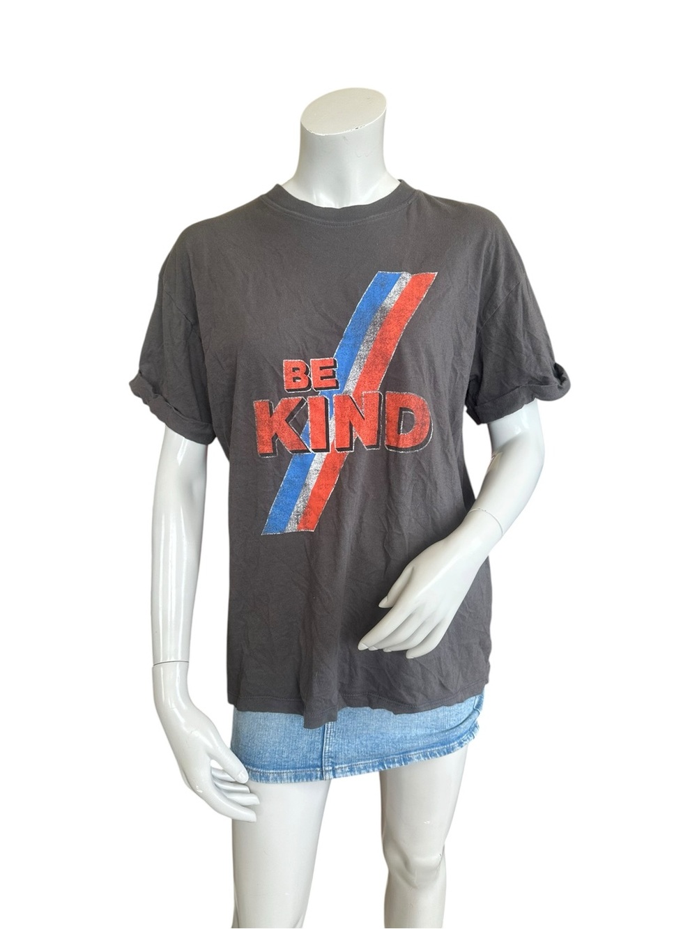 Free People Girl Dangerous Gray Roll Sleeve Oversized “Be Kind” Graphic T Small
